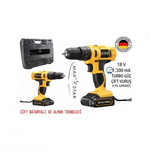 Maxstar Tools Turbo 18V 1.300 Ma Turbo X2 Li-Ion Çift Akülü Profesyonel Vidalama Şarjlı Matkap